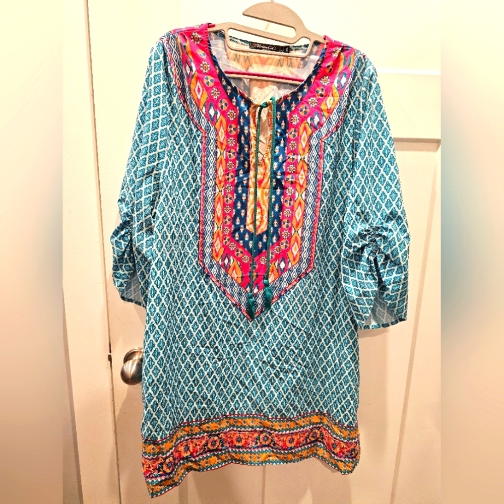 Urban CoCo XXL Boho Tunic Dress – Geometric Tribal Print Multicolor 3/4 Sleeve